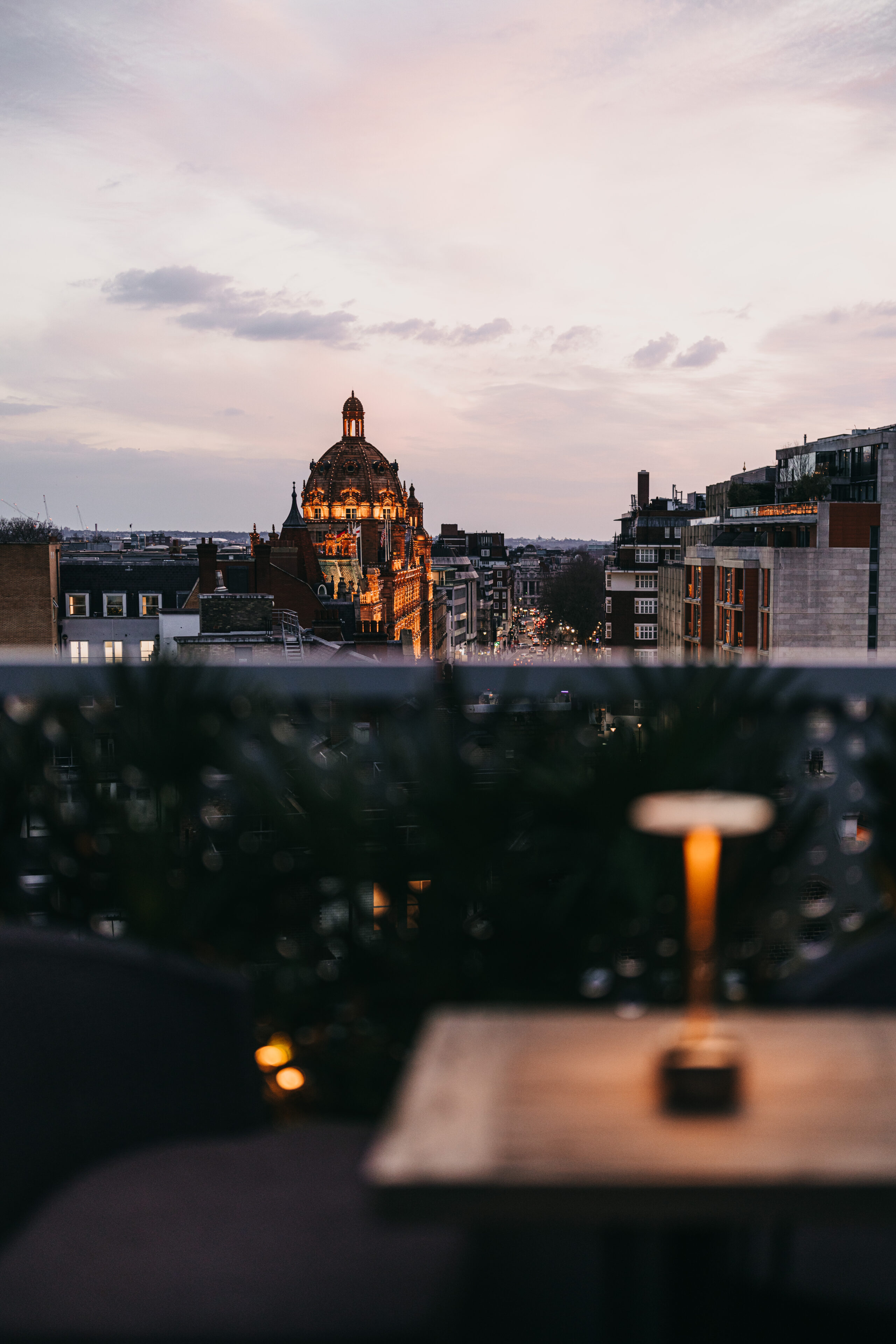 CLAP London rooftop restaurant terrace during Twilight.